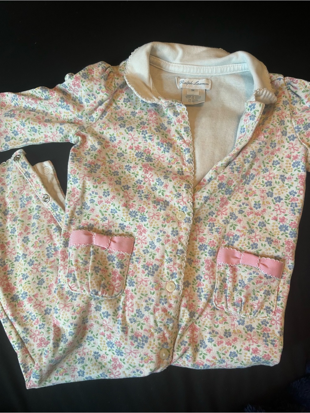 Ralph Lauren Floral Multicolor Baby Romper with Pink Bow Pockets